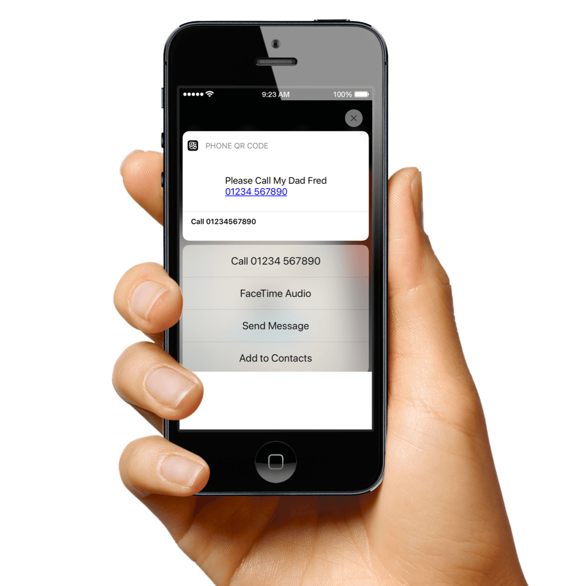 Contact Dad Scanning Results A mobile phone displaying the results of an emergency contact dad label camera scan. A hand holding the mobile phone.